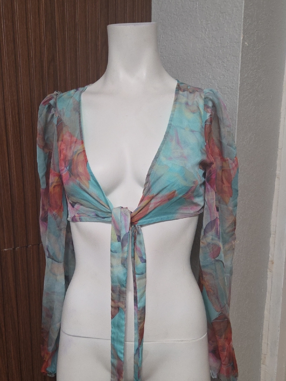 SHEIN Aqua Floral Sheer Tie-Front Camisole